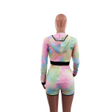 Print Hooded Long Sleeve Two Piece Shorts Set GYLY-9362