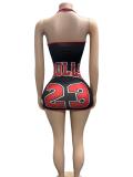 VIP1 Letter Print Halterneck Hollow Out Mini Dress GFCF-1498