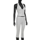 Polka Dots Print Halterneck Seventh Pants Suit GDSF-D26ST184