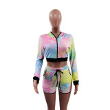 Print Hooded Long Sleeve Two Piece Shorts Set GYLY-9362