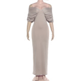 Off Shoulder Ruched Solid Color Maxi Dress GYME-K6D06869A