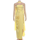 Solid Color Ruched Split Tube Top Maxi Dress GYME-K6D05862A