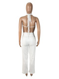 Solid Color Halterneck Backless Mesh Pants Suit SHD-9541
