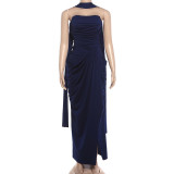 Solid Color Ruched Split Tube Top Maxi Dress GYME-K6D05862A