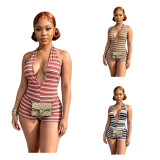 Stripe Halterneck Backless Romper MEM-88703