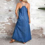 Fashion Denim Sling Maxi Dress GDAM-218911