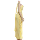 Solid Color Ruched Split Tube Top Maxi Dress GYME-K6D05862A