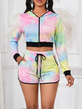 Print Hooded Long Sleeve Two Piece Shorts Set GYLY-9362