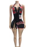 VIP1 Letter Print Halterneck Hollow Out Mini Dress GFCF-1498