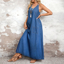 Fashion Denim Sling Maxi Dress GDAM-218911