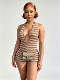 Stripe Halterneck Backless Romper MEM-88703