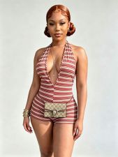 Stripe Halterneck Backless Romper MEM-88703