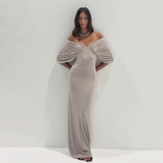 Off Shoulder Ruched Solid Color Maxi Dress GYME-K6D06869A