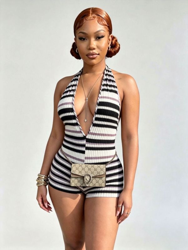 Stripe Halterneck Backless Romper MEM-88703