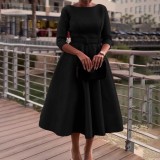 Plus Size Solid Color 3/4 Sleeve Miid Dress GATE-3307