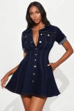 Short Sleeve Single Breasted Denim MIni Dress LX-6081