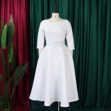 Plus Size Solid Color 3/4 Sleeve Miid Dress GATE-3307