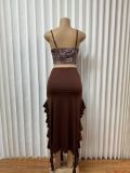 Leopard Print Sling Top Irregular Skirt 2 Piece Set GADE-9175