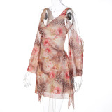 Print Backless Mesh Long Sleeve Mini Dress GLAG-D6421490G