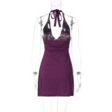 V Neck Solid Color Backless Mini Dress GLAG-D6321330F