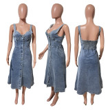 Sleeveless Backless Denim Midi Dress LX-6080