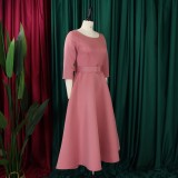 Plus Size Solid Color 3/4 Sleeve Miid Dress GATE-3307