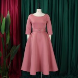Plus Size Solid Color 3/4 Sleeve Miid Dress GATE-3307