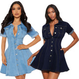 Short Sleeve Single Breasted Denim MIni Dress LX-6081