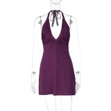 V Neck Solid Color Backless Mini Dress GLAG-D6321330F
