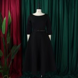 Plus Size Solid Color 3/4 Sleeve Miid Dress GATE-3307
