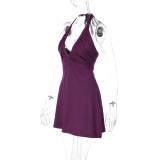 V Neck Solid Color Backless Mini Dress GLAG-D6321330F