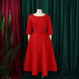 Plus Size Solid Color 3/4 Sleeve Miid Dress GATE-3307