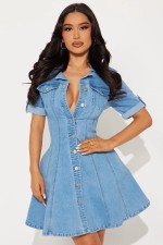 Short Sleeve Single Breasted Denim MIni Dress LX-6081