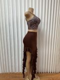Leopard Print Sling Top Irregular Skirt 2 Piece Set GADE-9175