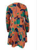 Print Long Sleeve V Neck Midi Dress XMY-N012