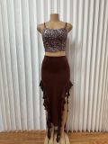 Leopard Print Sling Top Irregular Skirt 2 Piece Set GADE-9175