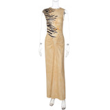 Zebra Print Backless Hollow Out Maxi Dress GLAG-D6321233G