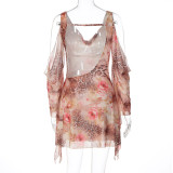 Print Backless Mesh Long Sleeve Mini Dress GLAG-D6421490G