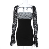 Lace Patchwork Long Sleeve Mini Dress GLAG-D6121147F
