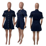 Short Sleeve Single Breasted Denim MIni Dress LX-6081