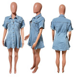 Short Sleeve Single Breasted Denim MIni Dress LX-6081