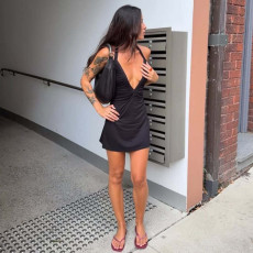 V Neck Solid Color Backless Mini Dress GLAG-D6321330F