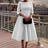 Plus Size Solid Color 3/4 Sleeve Miid Dress GATE-3307