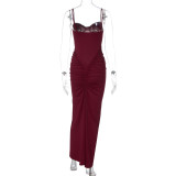 V Neck Sleeveless Ruched Maxi Dress GLAG-D6321327F