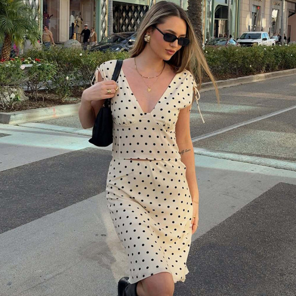 Polka Dot Print V Neck Tie Up 2 Piece Skirt Set  GLAG-S6421410F