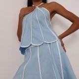 Sleeveless Halterneck Top Two Piece Skirts Set GXBQ-1853
