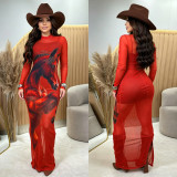 Print Mesh Hot Drill Dress+Sling Dress 2 Piece Set BY-7716