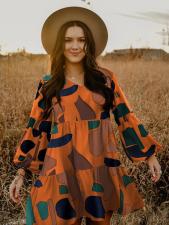 Print Long Sleeve V Neck Midi Dress XMY-N012