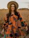 Print Long Sleeve V Neck Midi Dress XMY-N012
