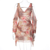 Print Backless Mesh Long Sleeve Mini Dress GLAG-D6421490G